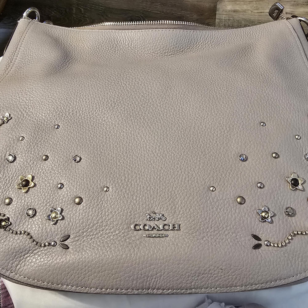 Coach Pebbled Leather Hobo Bag in Taupe with Studded Floral Accent - Picture 2 of 9